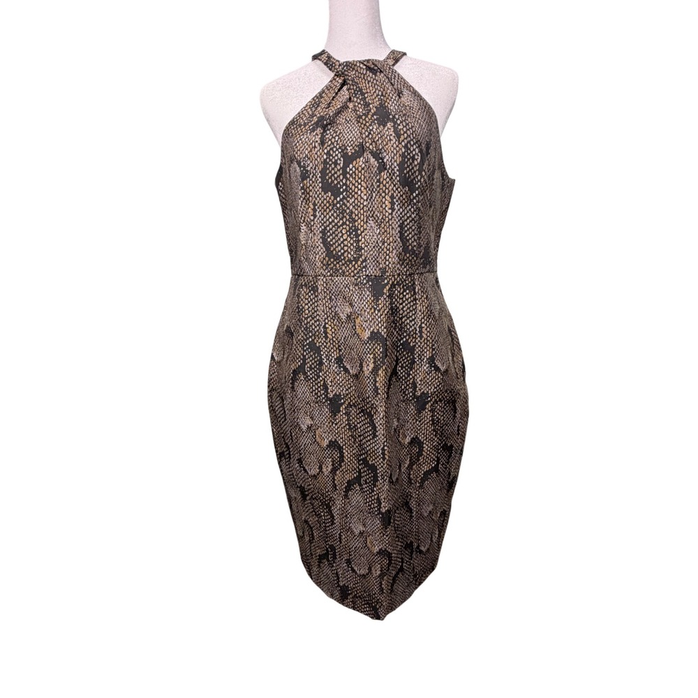 H&M Dress Halter Snakeskin Print Viscose Blend 10 Brown Gold Metallic Cocktail